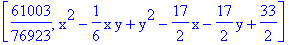 [61003/76923, x^2-1/6*x*y+y^2-17/2*x-17/2*y+33/2]